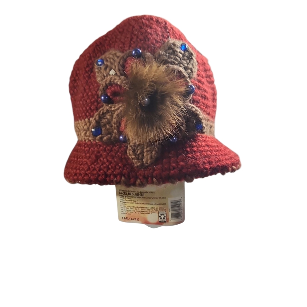 Vintage  Fur and Crochet Flower Hat w Stones Hanfmade 21.5"